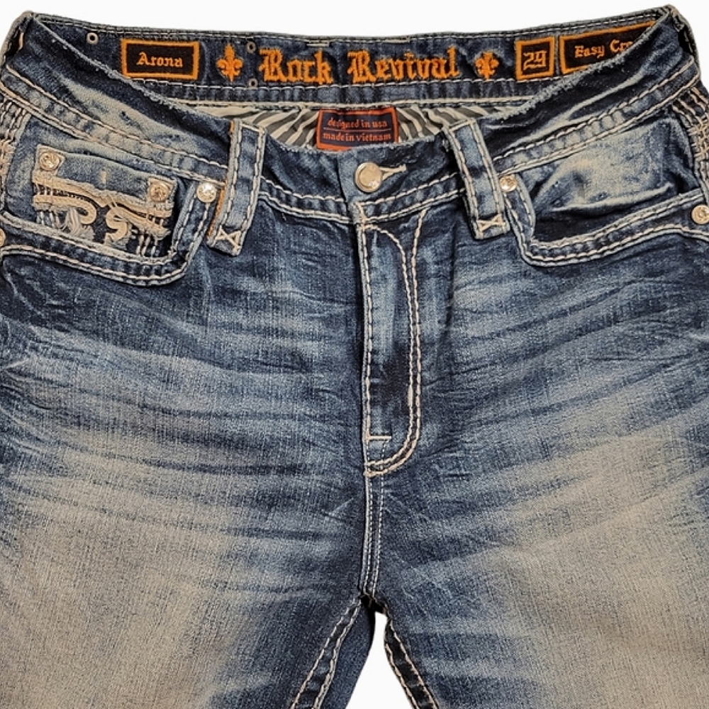 ROCK REVIVAL Arona Easy Crop Swarovski Embellished Pocket Distressed Jeans NWOT - Picture 6 of 15